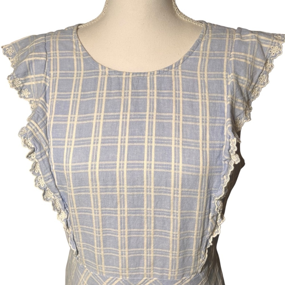Draper James Linen Blend Embroidered Eyelet Blue White Pinafore Ruffle Dress 12 - Picture 5 of 16